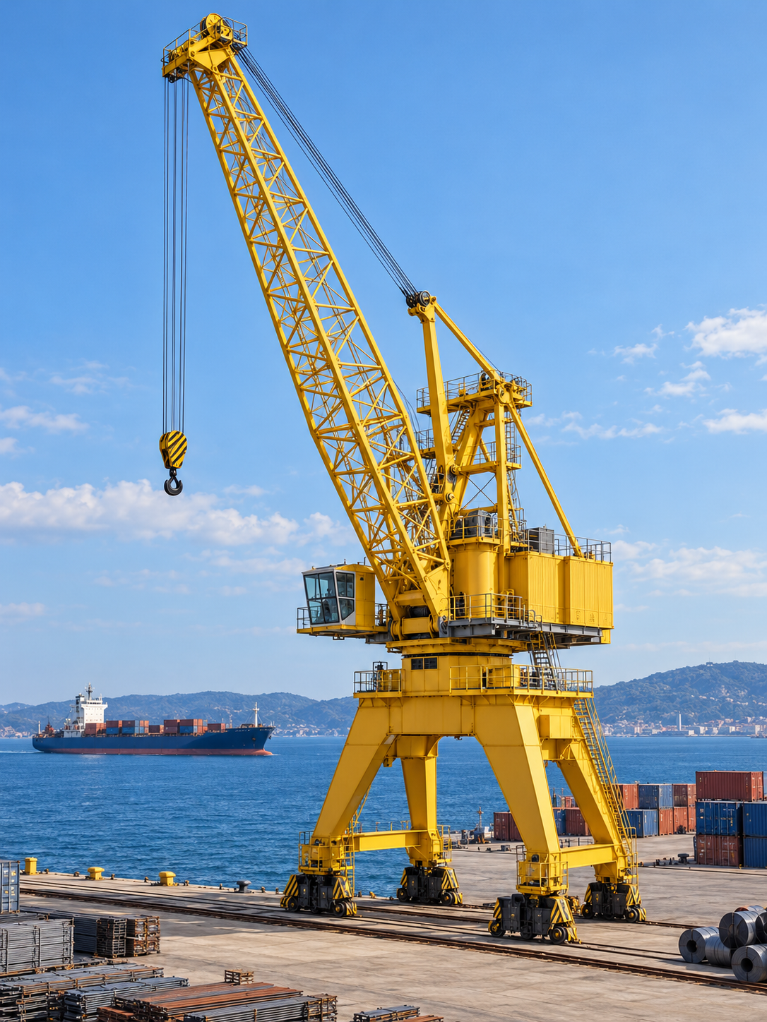 Yellow portal harbour crane on quay rails beside a cargo ship