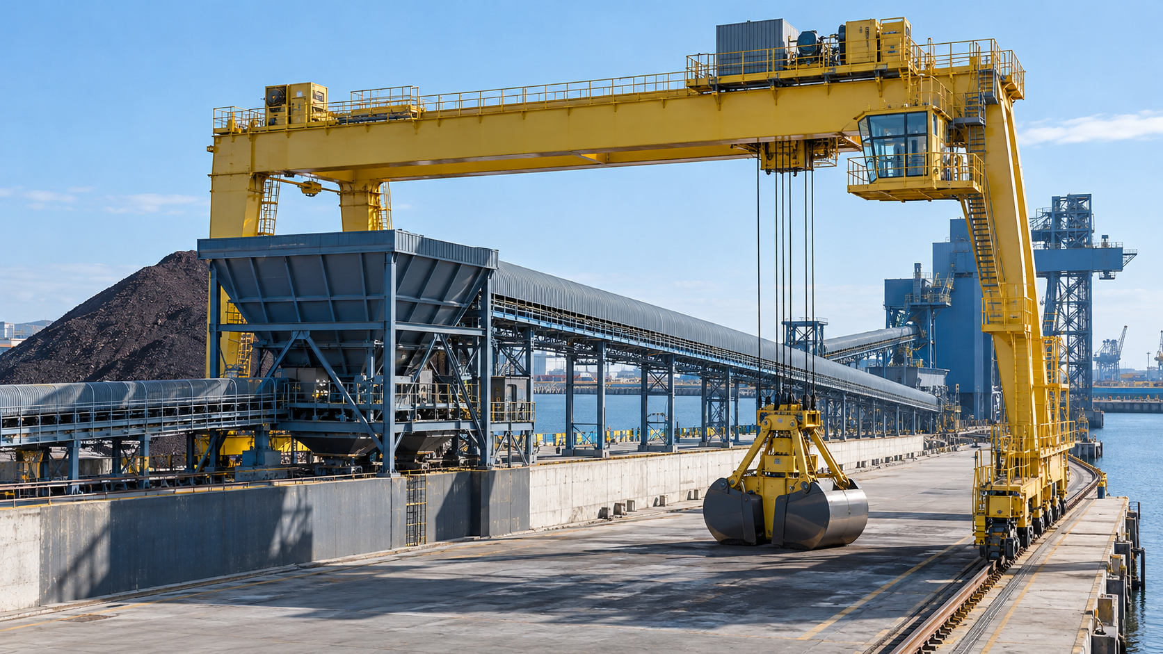 Bulk material terminal with a yellow rail mounted grab crane beside an ore hopper and a long enclosed conveyor.