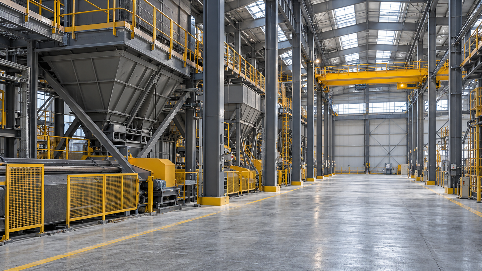 Clean enclosed bulk handling hall showing a wide inspection aisle, grey steel columns, yellow safety guardrails and enclosed ore hoppers.