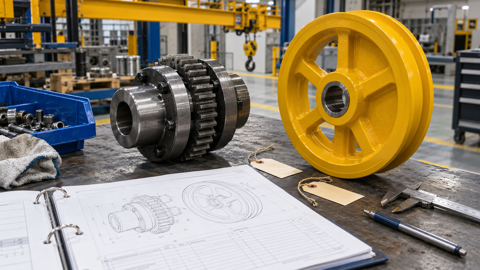 Spare parts identification documentation on a workbench, one steel gear coupling, an unused yellow brake wheel, small handwritten-style blank part tags and a catalogue sheet showing a clear outline drawing.