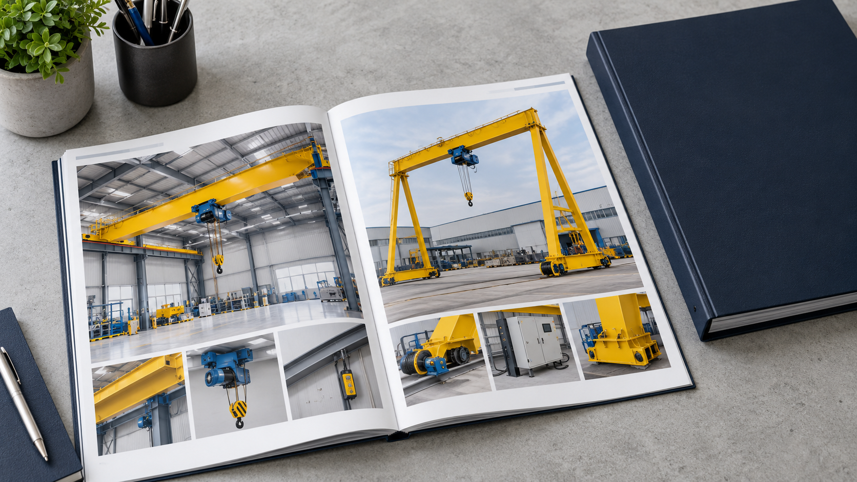 Open equipment product catalogue on a tidy light grey table.