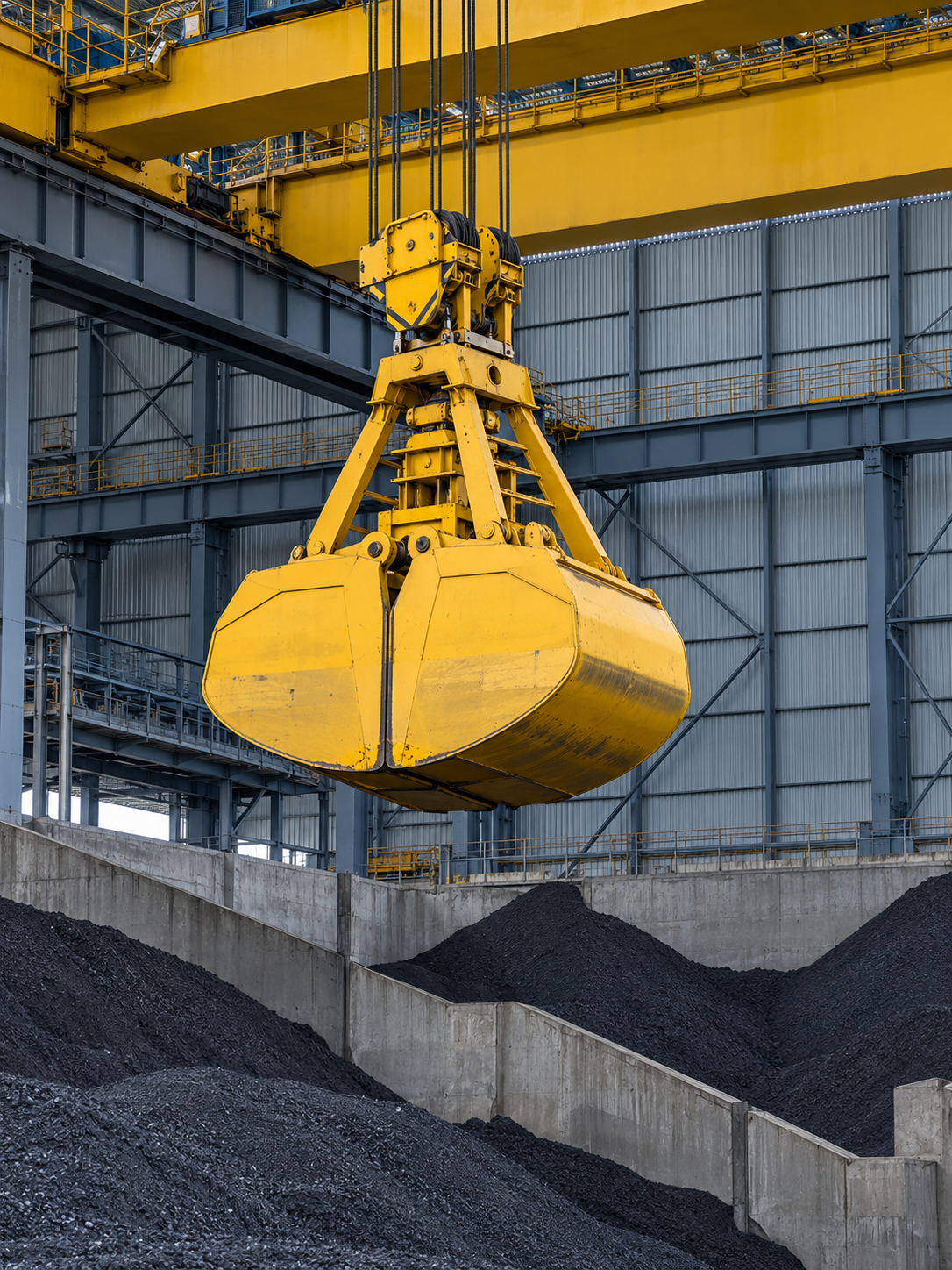 A yellow grab unloader standing above an orderly ore bunker, close view of the yellow suspended closed clamshell grab with straight vertical hoist ropes, dark mineral piles below and grey steel shed at back.