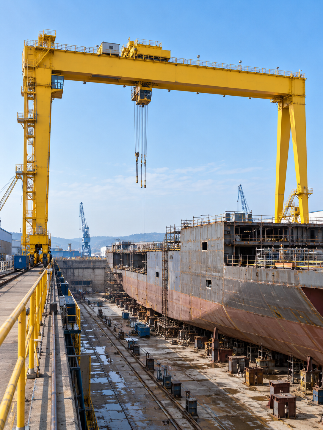 One yellow heavy gantry crane spans a broad drydock with a steel ship hull under construction.