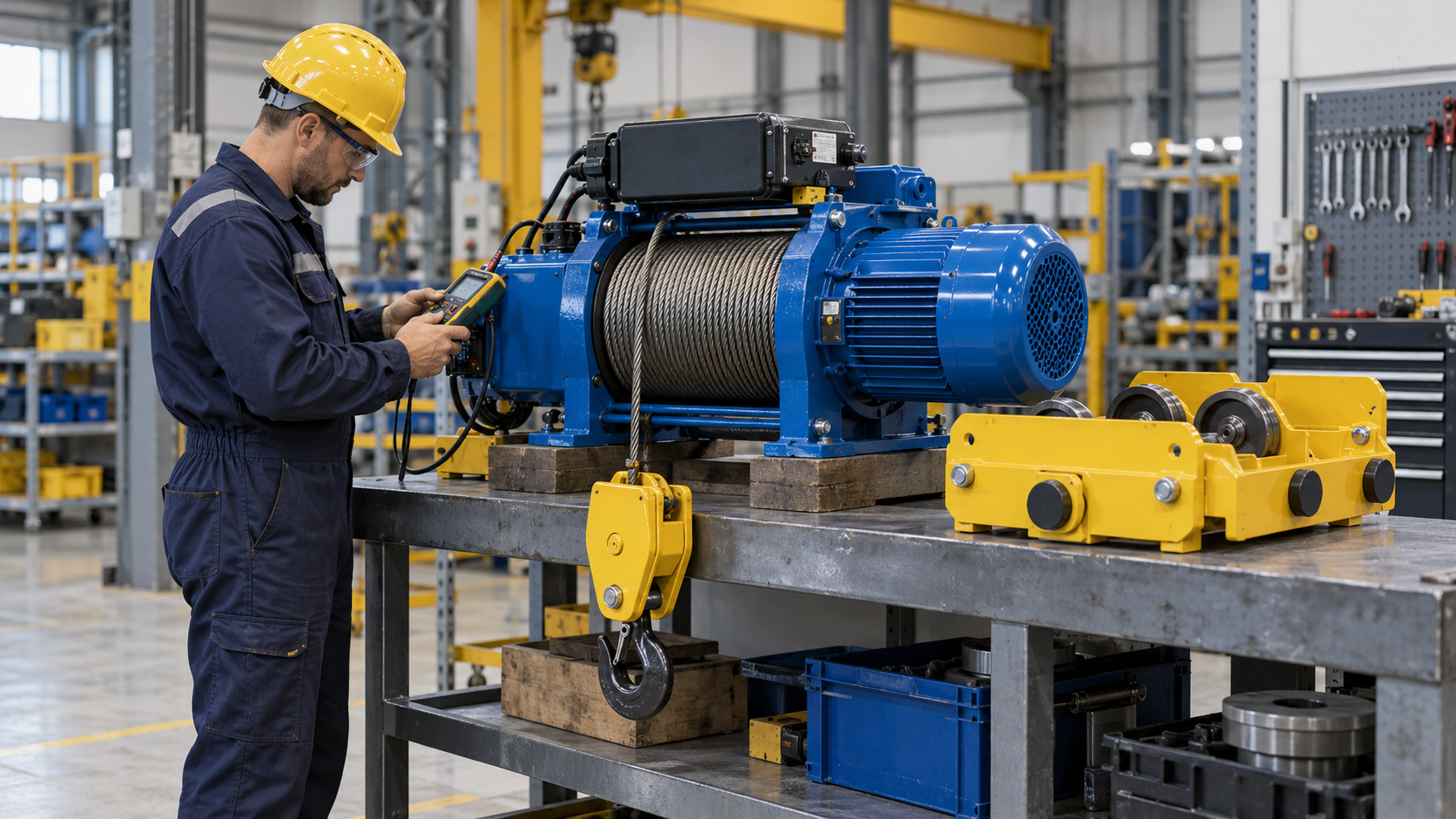 An experienced technician in navy coveralls and yellow hard hat inspecting a blue electric hoist securely resting on a steel maintenance bench at waist height, using a handheld instrument, yellow trolley parts beside it.