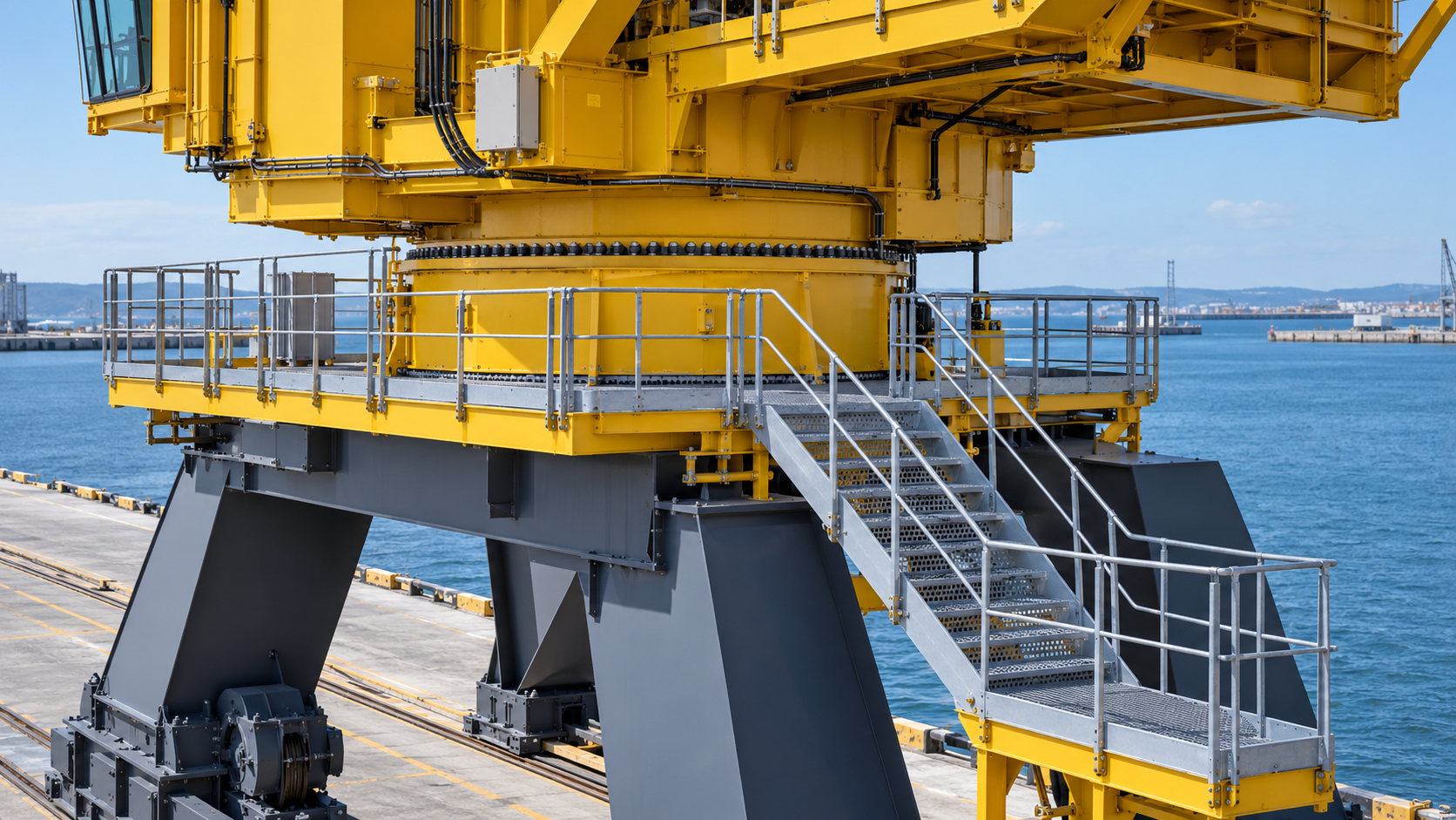 Close view of a yellow harbour portal crane service access platform and slewing bearing housing above its sturdy portal base, grey quay and blue water in background.