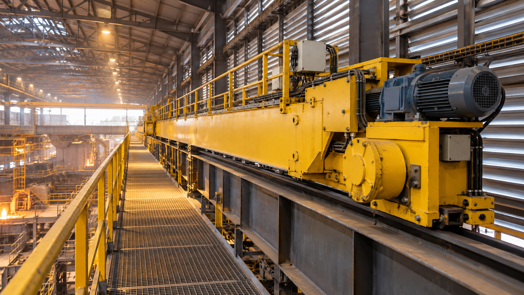 Neat steel mill maintenance access area with a yellow crane end carriage and shielded drive at roof level, overhead runway and ventilated cladding clearly visible.