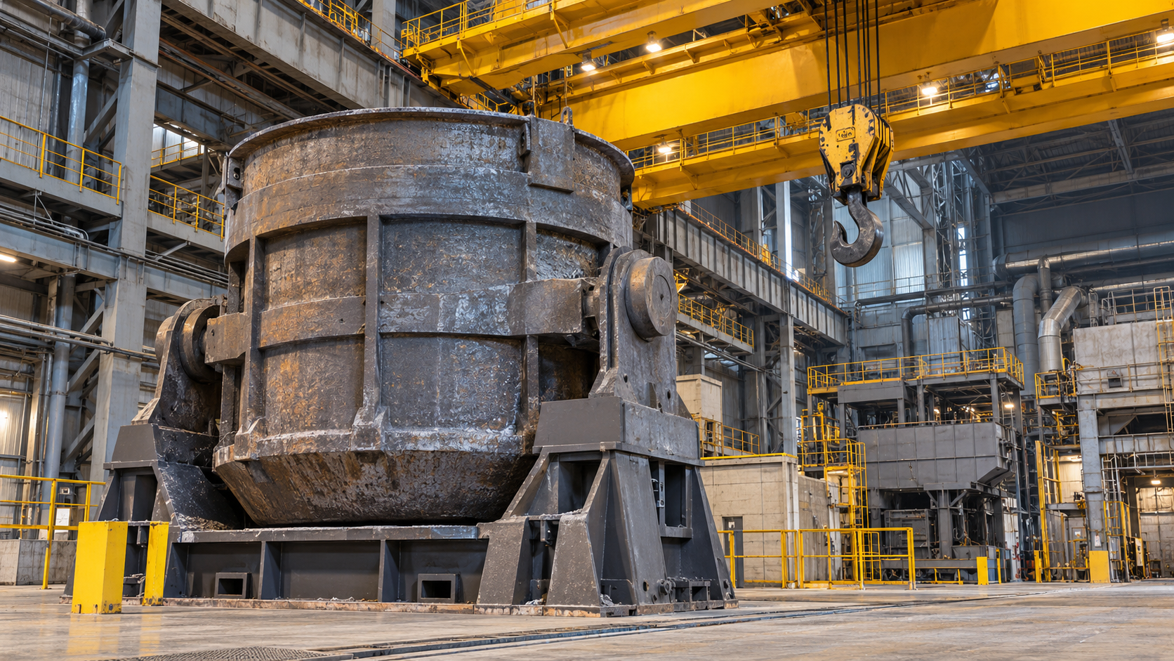 A heavy steel ladle safely supported on its fixed ladle stand inside a steelworks, a yellow foundry crane and empty hook parked above.