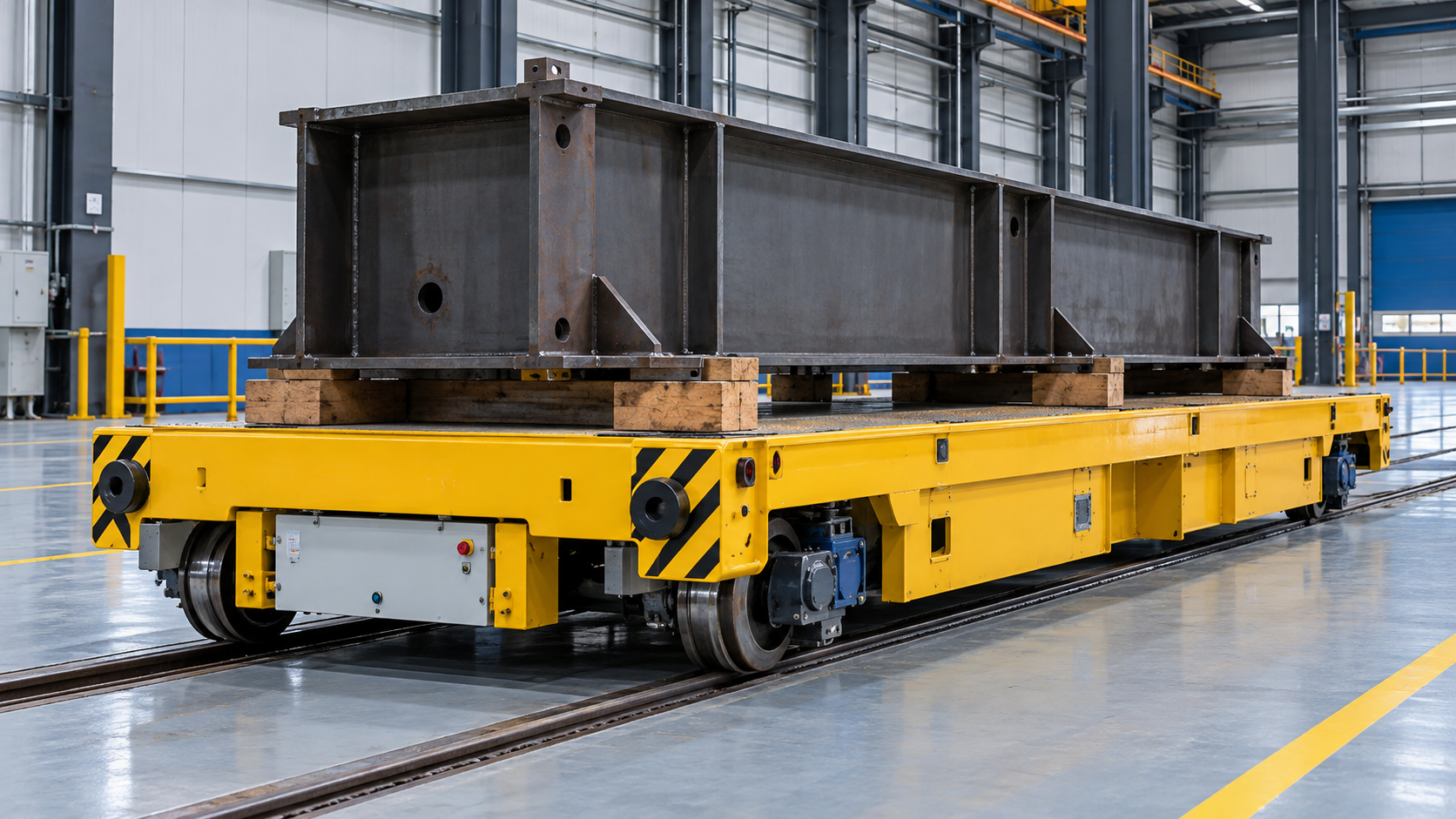 A low yellow rail transfer cart stationary on two straight embedded rails in a factory bay, carrying one securely blocked rectangular steel fabrication.